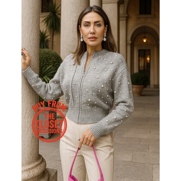 ZARA Wool-Blend Knit Jacket NWT | Gray Pearl Bomber Cardigan - Picture 8 of 12